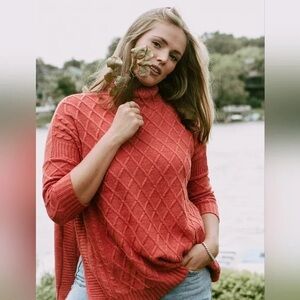 Mer Sea Orange Lisbon Traveler Cable Knit Sweater Dolman Mock Women One Size